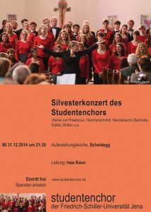 Flyer für das Silvesterkonzert 2014, als Motiv der Chor am Ende eines Konzertes, davor Chorleiterin Ines Kaun mit ausgebreiteten Armen