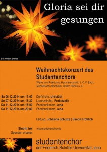 Flyer für die Weihnachtskonzerte 2014, als Motiv mehrere leuchtende Herrnhuter Sterne