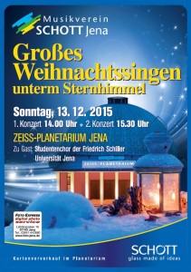 flyer für die Weihnachtskonzerte mit dem Schott Blasorchester 2015, als Motiv das Planetarium und ein eingeschneites, leuchtendes Windlicht
