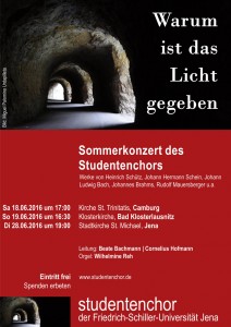 Flyer für die Sommerkonzerte 2016, als Motiv eine Straße, die durch einen Tunnel führt, von rechts scheint durch Felsdurchbrüche immer wieder Licht