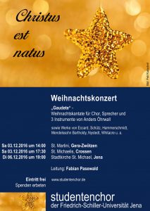 Flyer für die Weihnachtskonzerte 2016, als Motiv ein goldener, mit Pailletten besetzter Stern an einem Band