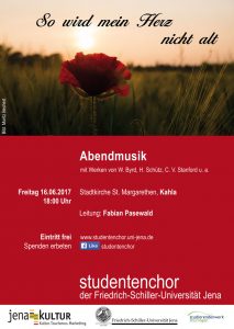 Flyer für ein Sommerkonzert 2017, als Motiv eine Mohnblüte und Getreidehalme in der Abendsonne