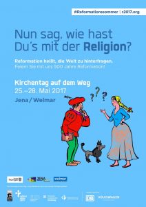 Flyer für den Kirchentag in Jena und Weimar 2017, als Motiv Faust, Gretchen und ein Pudel