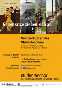 Flyer für ein Sommerkonzert 2017, als Motiv vier kleine Bilder von einem Tango tanzenden Paar, einem Jazzsänger, einem Dudelsackspieler und drei Frauen am Klavier