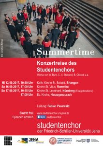 Flyer für die Konzertreise 2017, als Motiv der Chor in Konzertkleidung in blumenförmiger Aufstellung, in der Mitte Chorleiter Fabian Pasewald